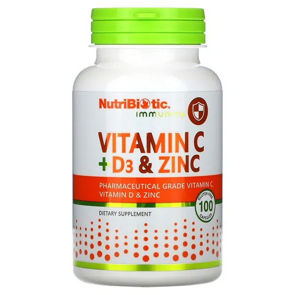 NutriBiotic, Immunity, витамины C + D3 и цинк, 100 капсул