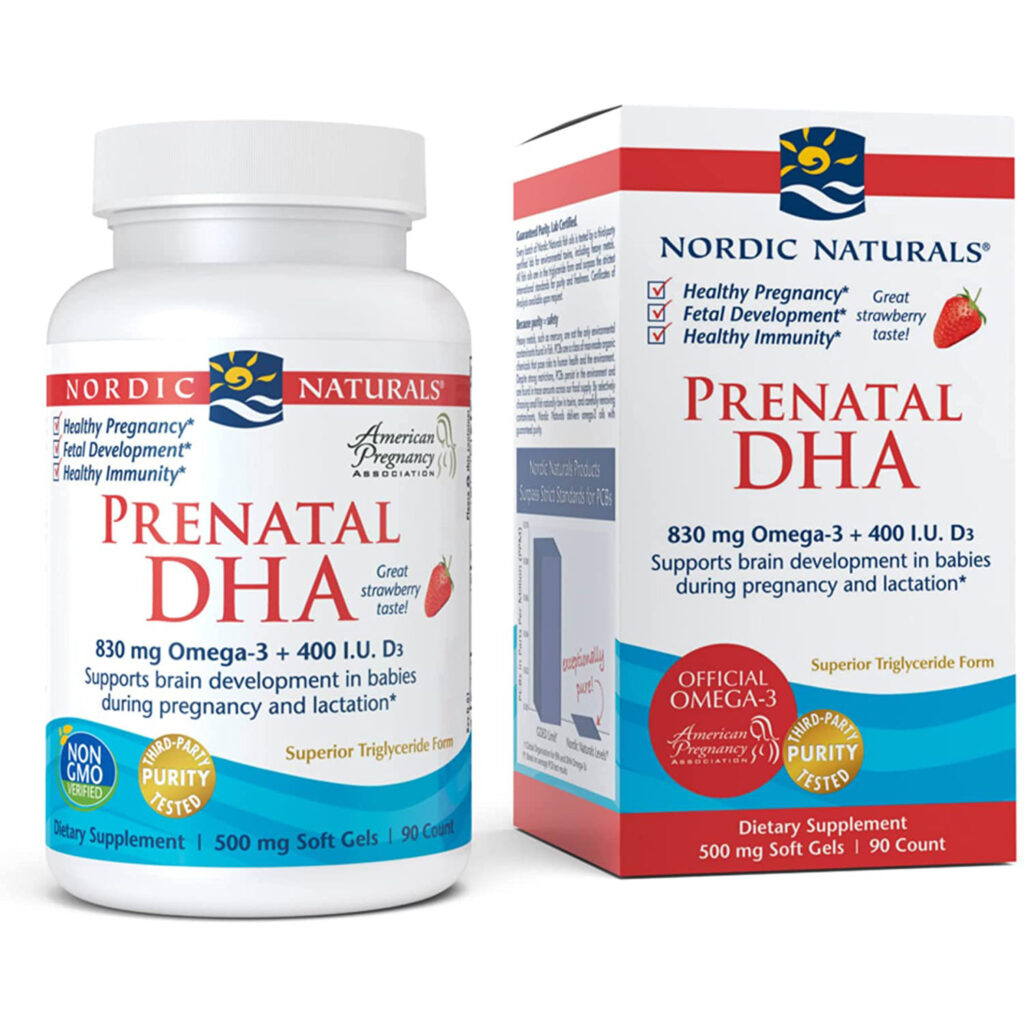 Nordic Naturals Prenatal DHA, клубника - 830 мг омега-3 + 400 МЕ витамина D3-90 в мягких гелях - поддерживает развитие мозга у детей во время беременности и лактации - без ГМО - 45 порций