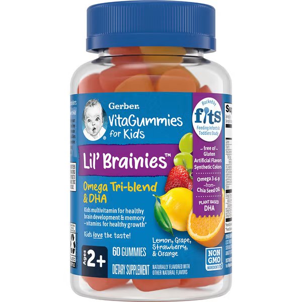 Gerber, Lil Brainies, смесь трех омега жирных кислот и ДГК, мультивитаминная добавка, для детей от 2 лет, 60 жевательных конфет