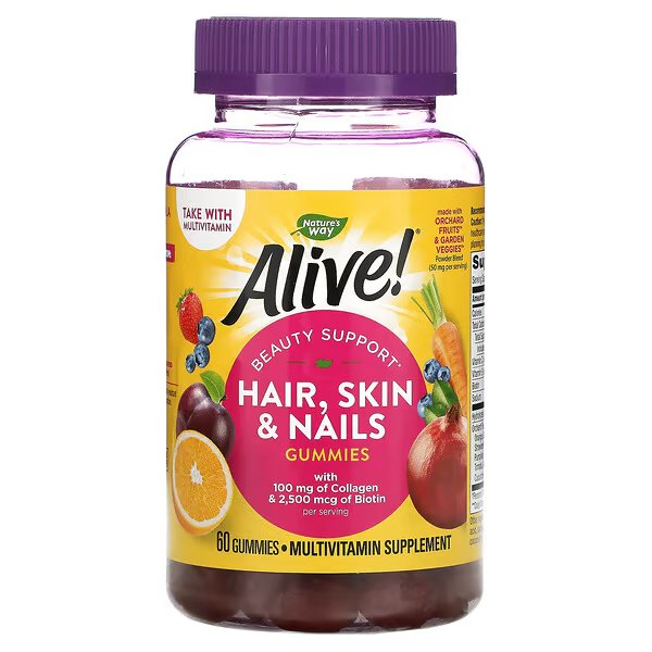 Nature’s Way, Alive! добавка с коллагеном и биотином для волос, кожи и ногтей, со вкусом клубники, 60 жевательных таблеток
