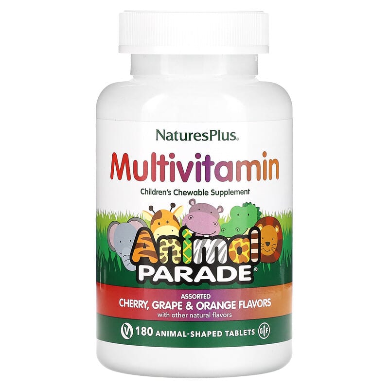 Nature's Plus, Animal Parade, жевательные таблетки для детей с мультивитаминами и микроэлементами, ассорти из натуральных вкусов, 180 таблеток в форме животных